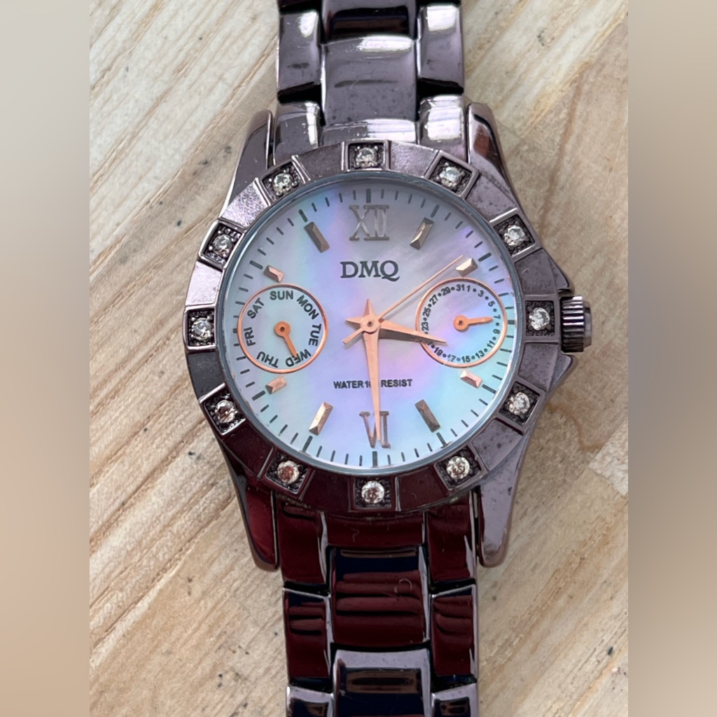 Dmq Diamonique Ladies Watch Cubic Zirconia Pearl Dial Purple Bracelet Date Dial